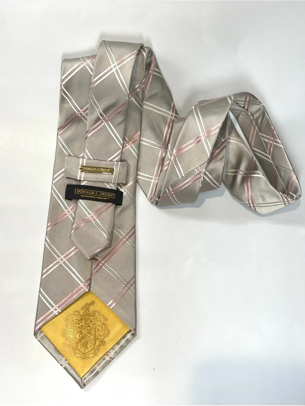 Donald J. Trump Tie Mens One Size Beige Silver Pink 100% Silk Classic Necktie
